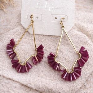 Boho Gold Hoop Earrings with Plum Fan Beads